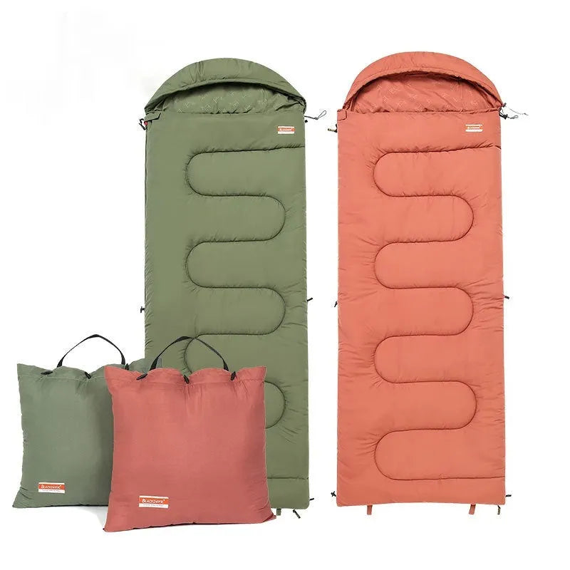 Cotton sleeping bag showing ochre and olive green colour options for outdoor camping use