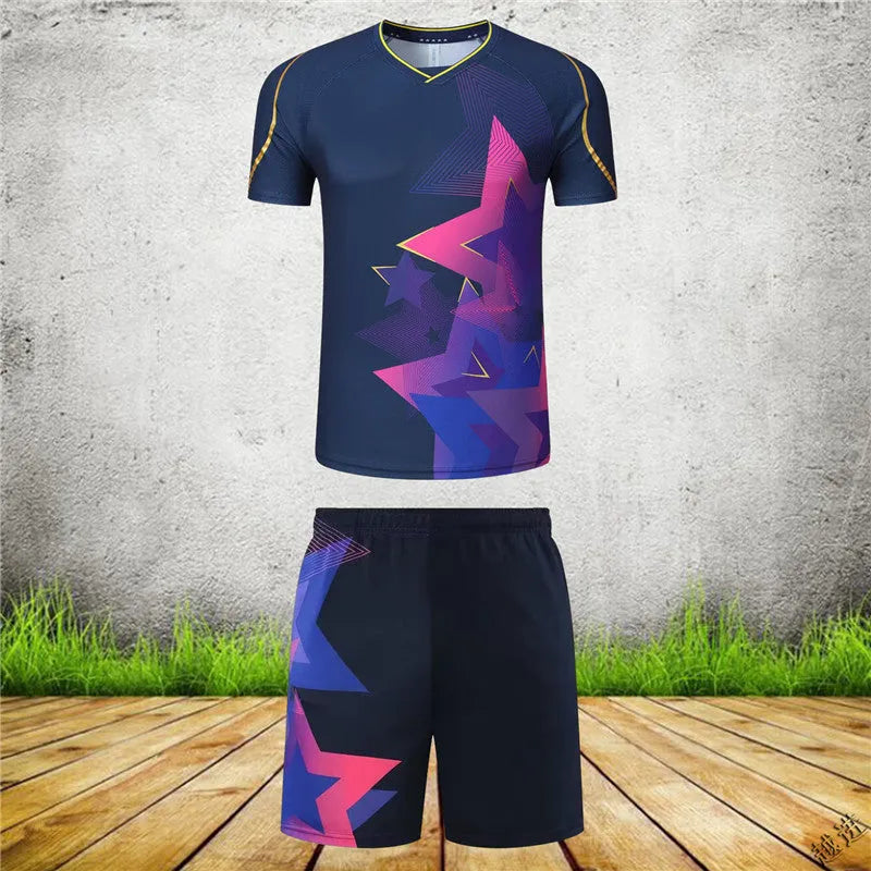 Men's and women's badminton competition sportswear set with short-sleeved polyester jacket and matching trousers.