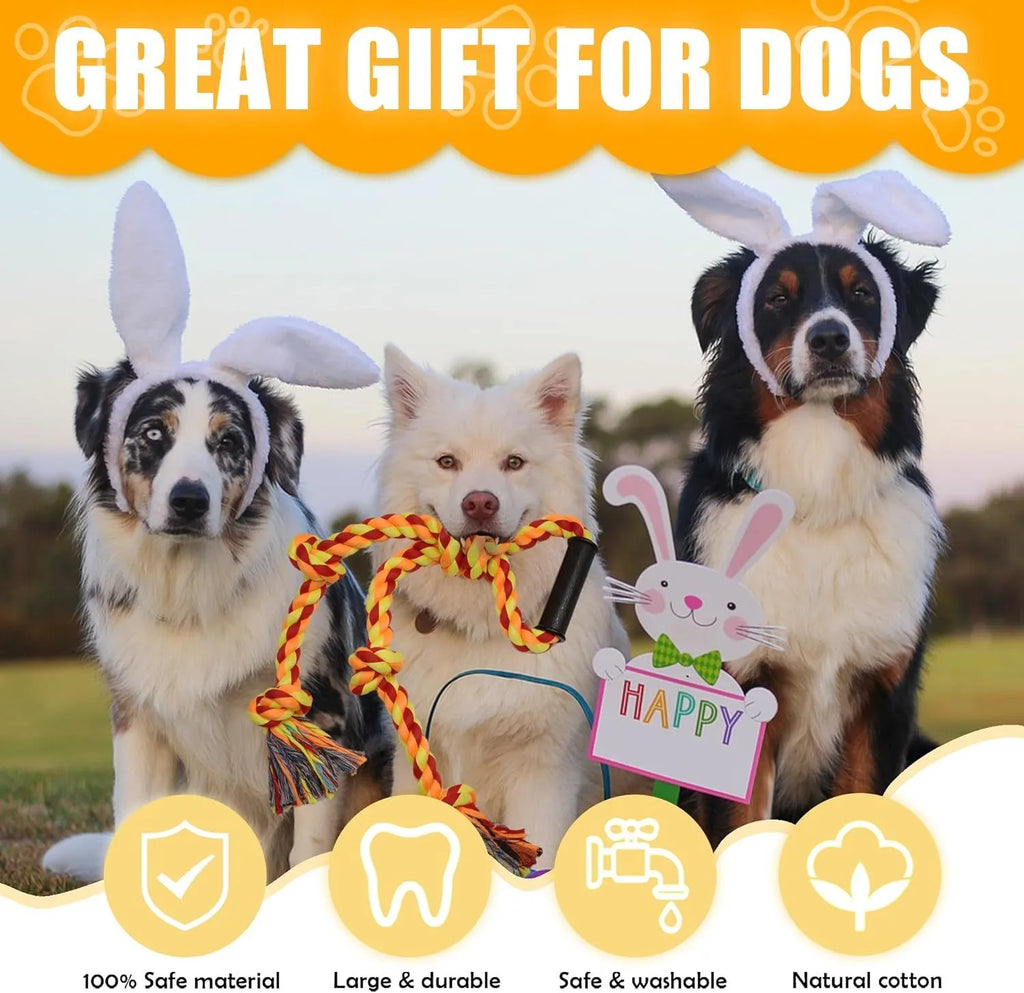 Blue and yellow woven cotton rope dog toy with a non-slip handle for tug-of-war games.