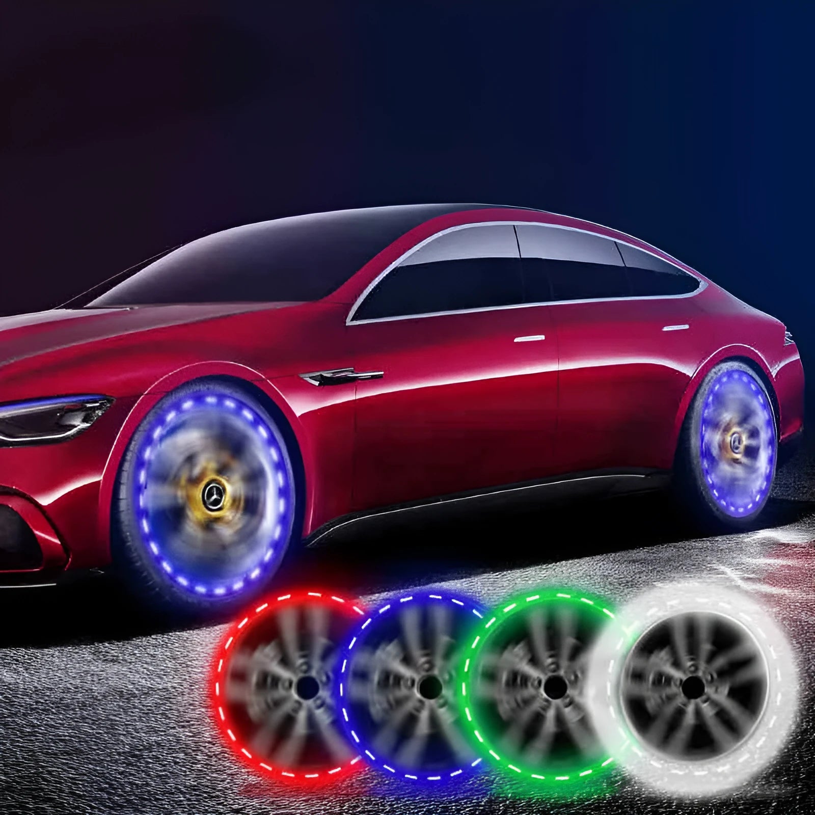 Solar-powered colourful LED decorative valve light for car or motorcycle wheel hubs