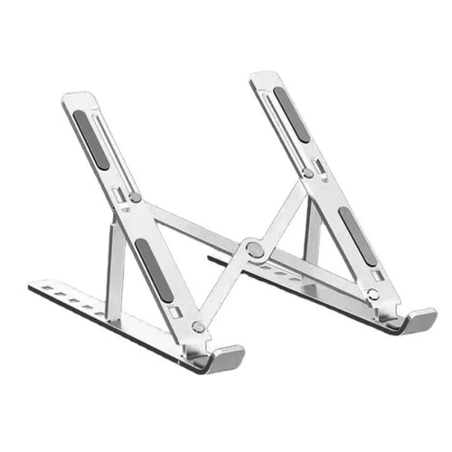 Folding aluminium laptop stand in silver finish showing cooling design for 16-18 inch notebooks
