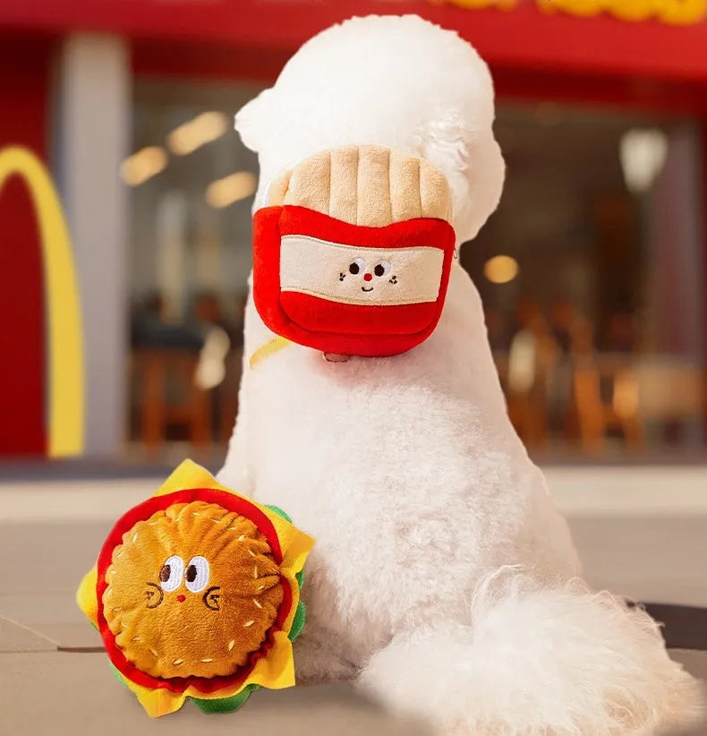 Cartoon hamburger design adjustable vest leash harness for a dog on a walk.
