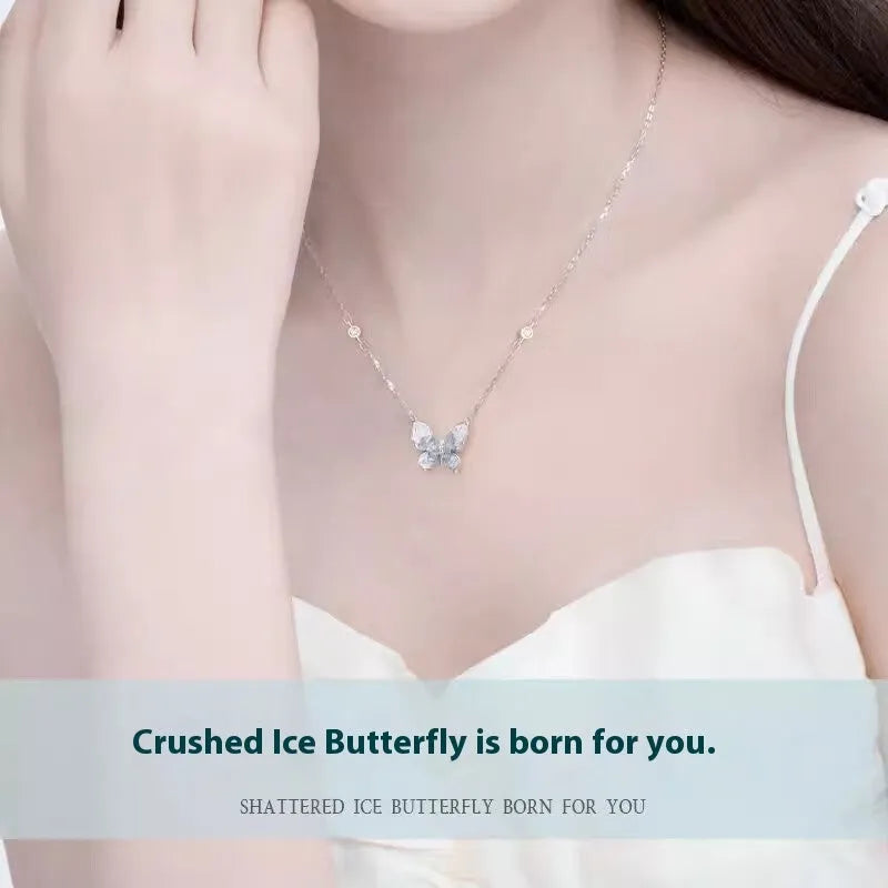 Bingyu butterfly necklace in 925 silver with ice rain pendant on adjustable O-ring chain