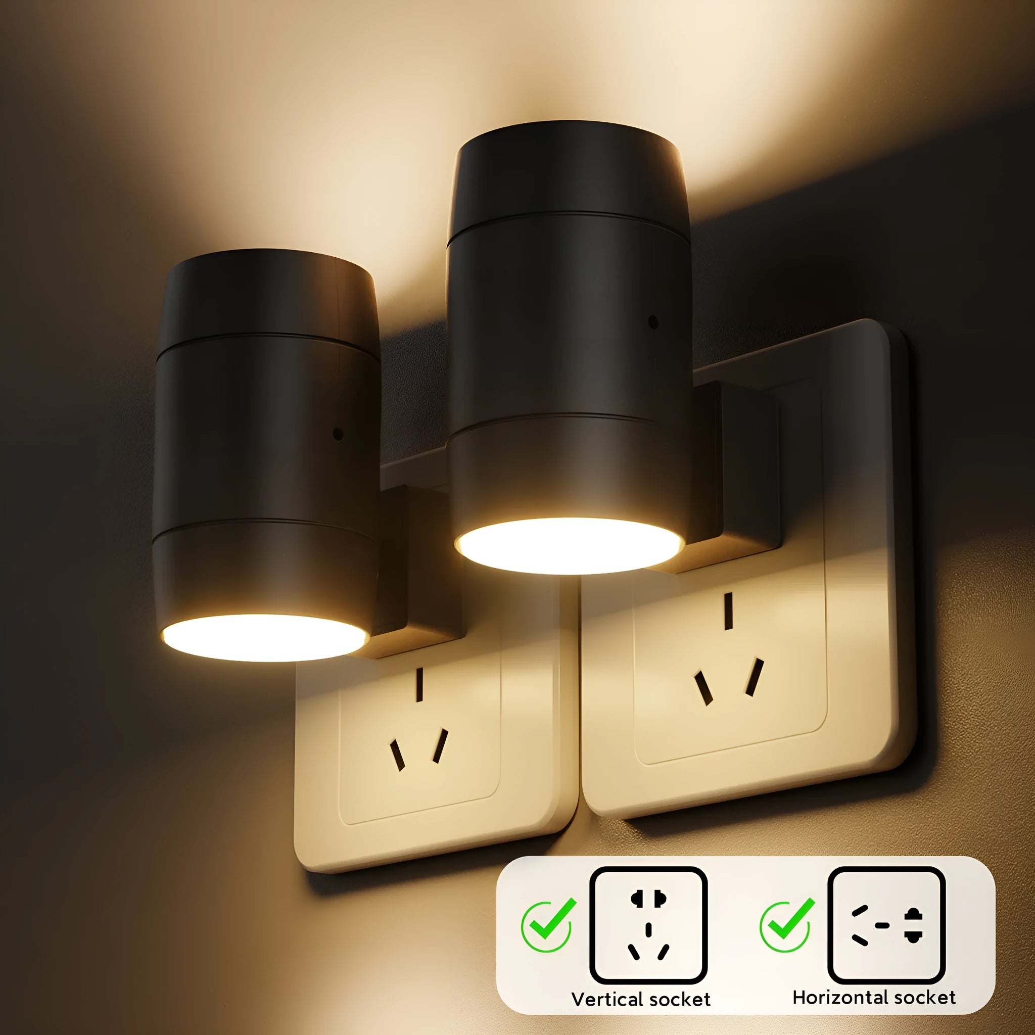 Plug-in night lamp with adjustable brightness dial and rotatable light head showing warm illumination