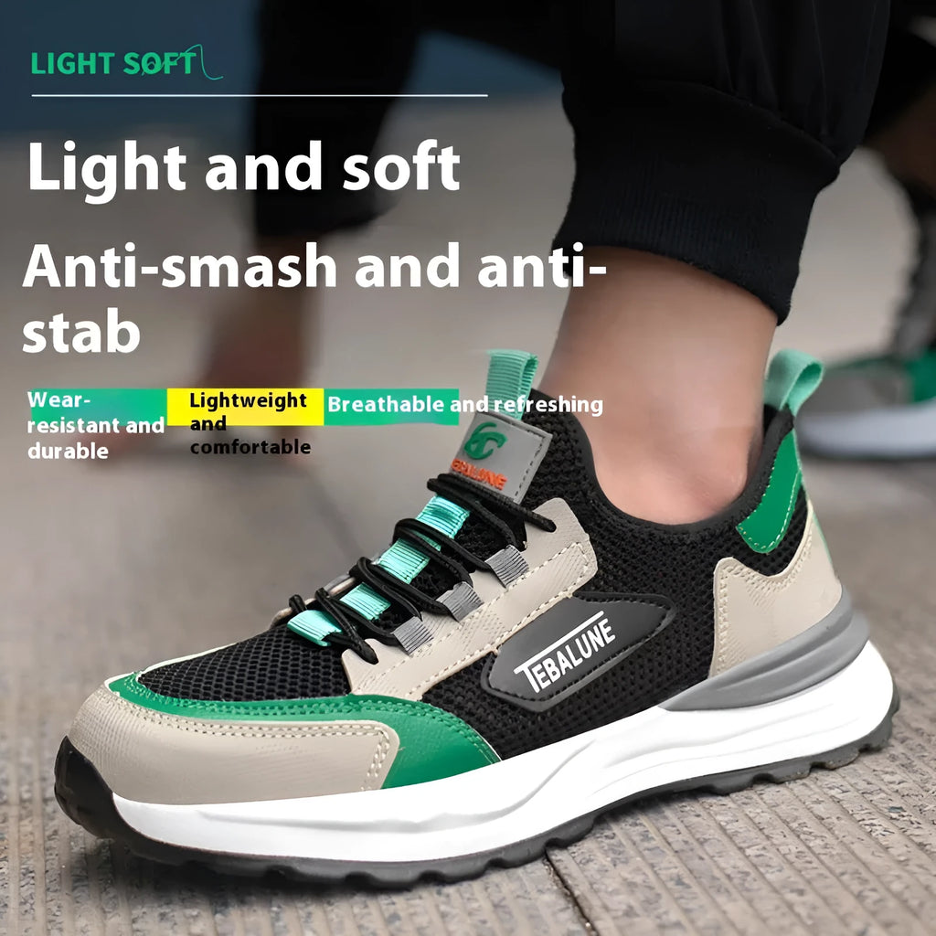 Low-top black green safety overshoe with plastic steel toe cap, showing microfiber leather and flyknit mesh upper construction.