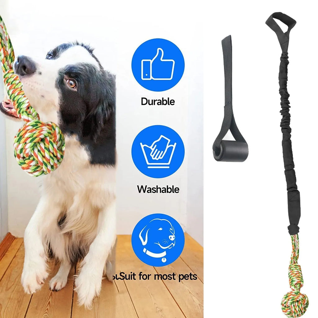 A durable cotton thread dog tug-of-war rope toy for chewing, shown in black, grey, and red colour options.