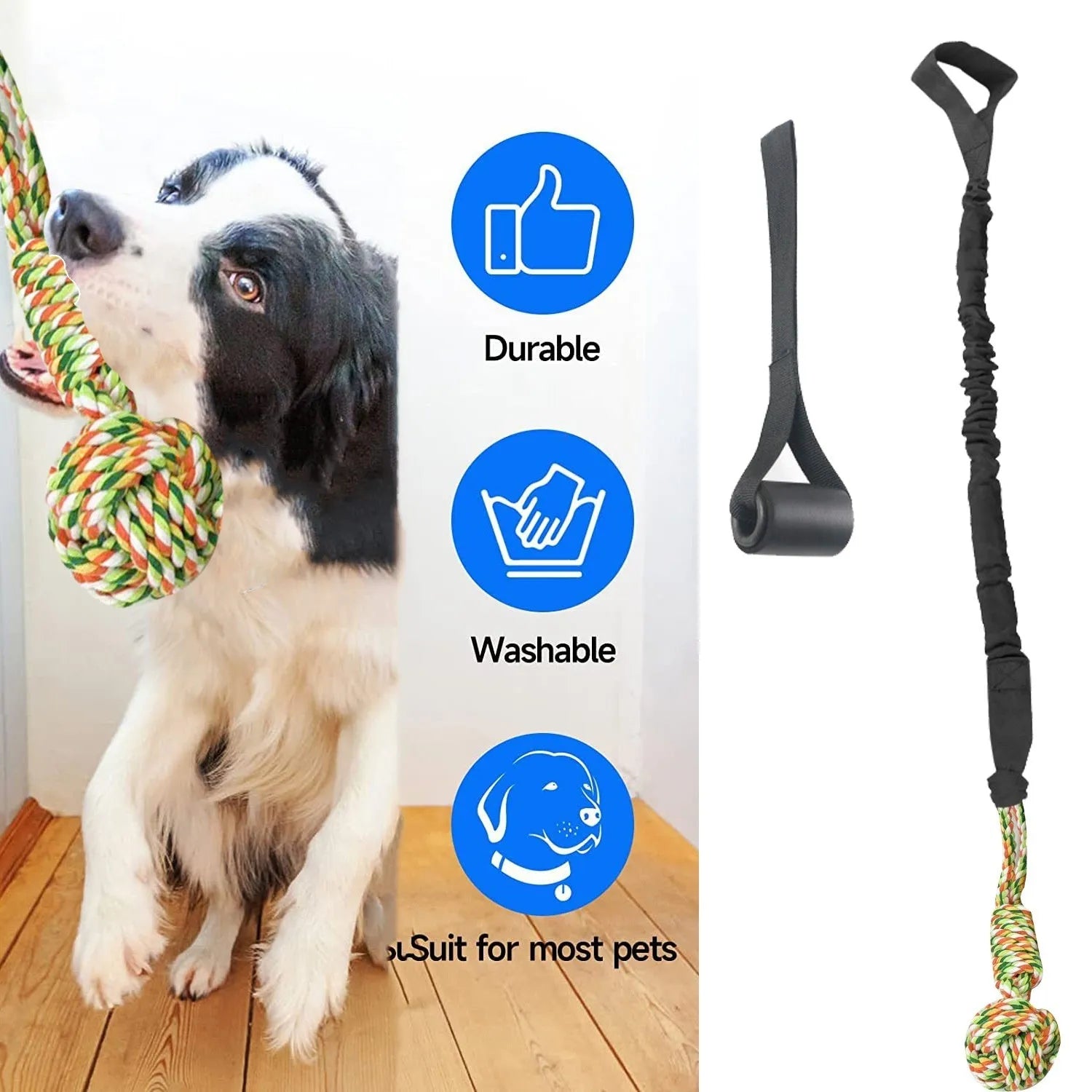 A durable cotton thread dog tug-of-war rope toy for chewing, shown in black, grey, and red colour options.