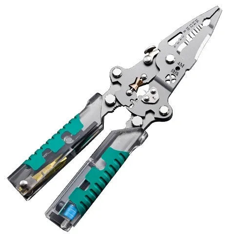 Pointed electricians pliers and wire stripper tool with rust-resistant steel cutting edge