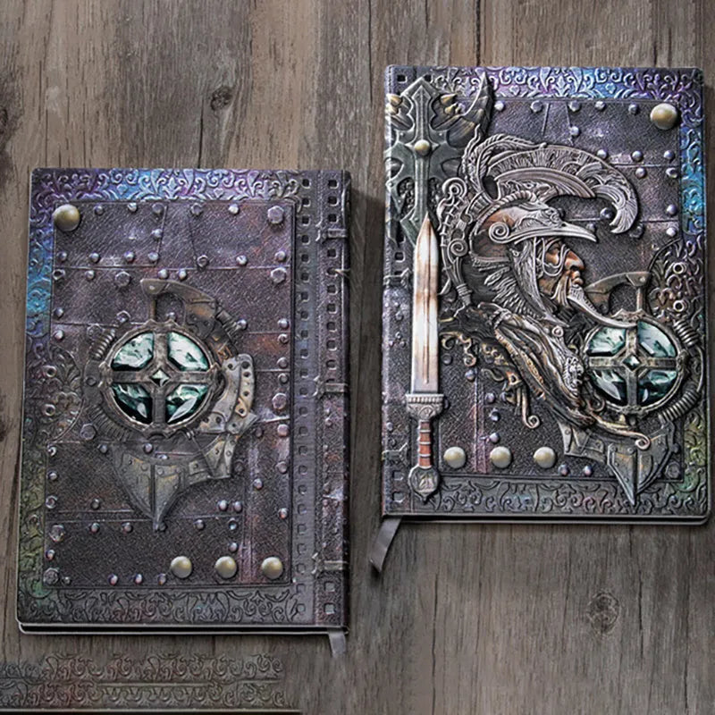 Handmade leather A5 notebook with 3D warriors relief embossed cover, open to show paper pages