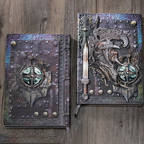 Handmade leather A5 notebook with 3D warriors relief embossed cover, open to show paper pages