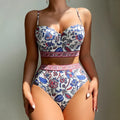 Blue women's high waist push-up bikini swimsuit on hanger
