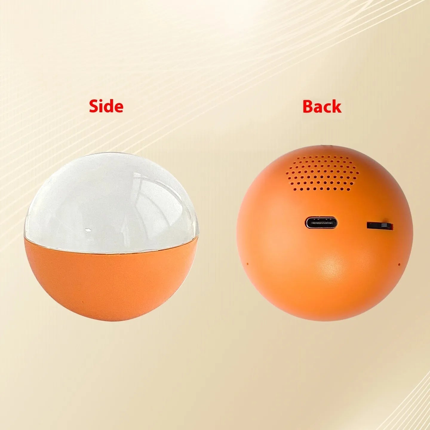 Electronic ball video player with round screen showing video playback, plastic casing in choice of colours