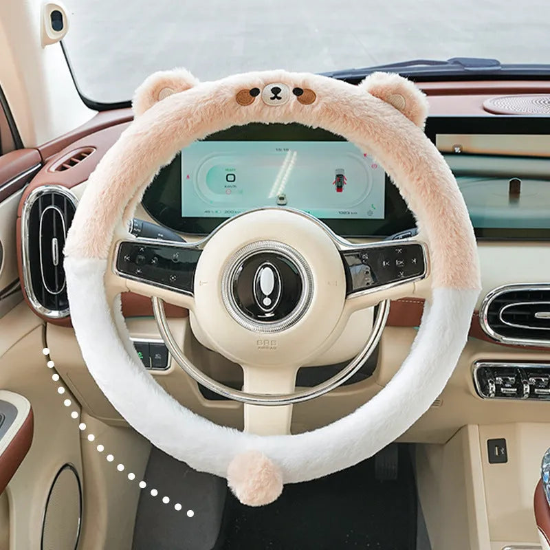Plush cartoon thermal steering wheel cover for 38cm diameter wheels with embroidered animal design