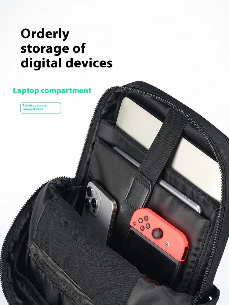 Black Oxford cloth computer backpack with 20-35L capacity and polyester lining