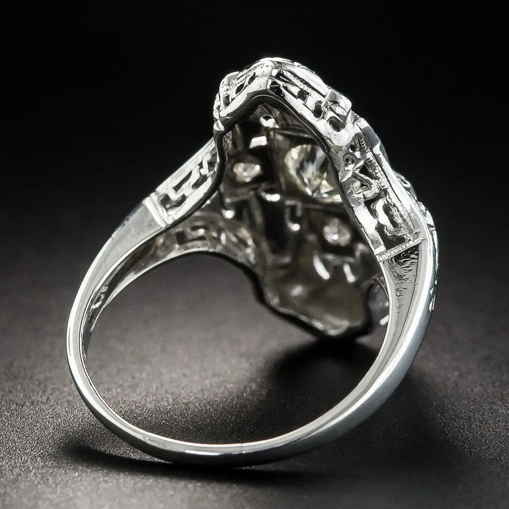 Silver geometric hollow-out ring with diamond studded detailing on copper with electroplated finish