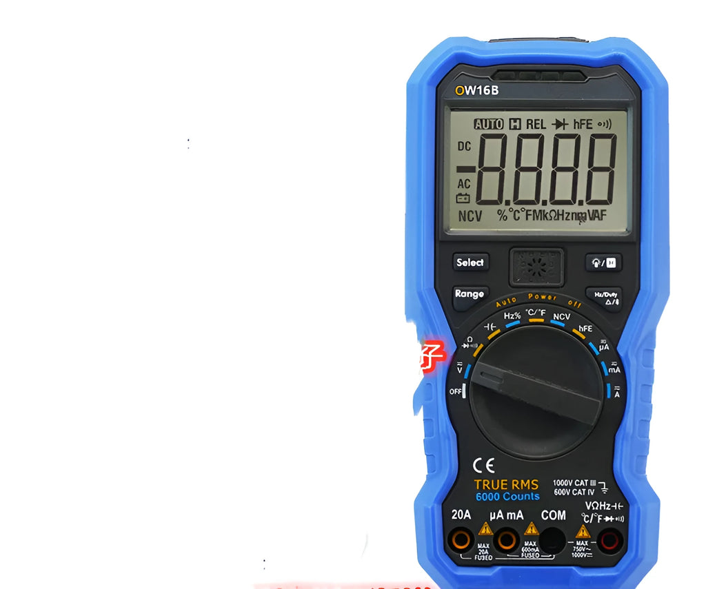 Handheld digital multimeter with display, dial, and test leads for electrical testing.