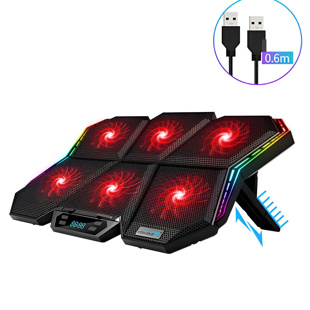 Ice Magic 6 six-fan laptop cooling pad in black and red with USB cable