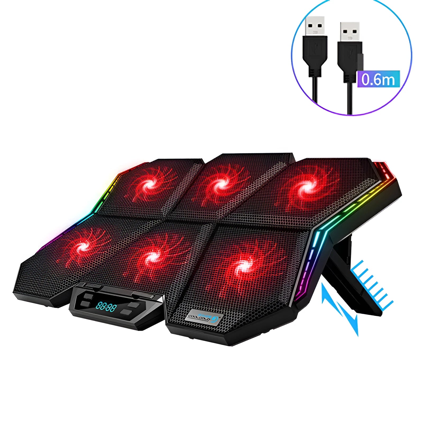 Ice Magic 6 six-fan laptop cooling pad in black and red with USB cable