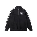 Black stand collar polyester couple hoodie with long sleeves in Hong Kong retro high street style