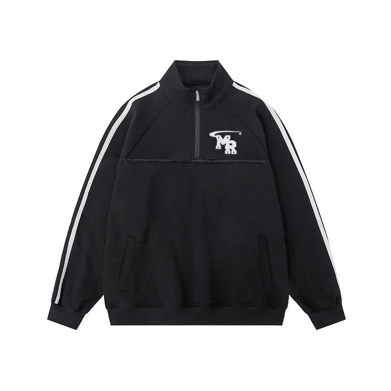 Black stand collar polyester couple hoodie with long sleeves in Hong Kong retro high street style
