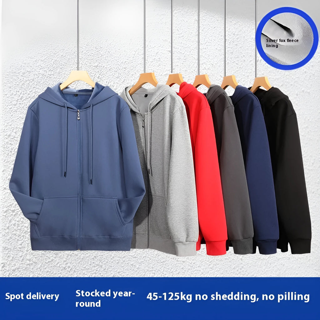 Men's beige loose-fit cotton zipper hoodie with front pockets, shown on a plus-size model.
