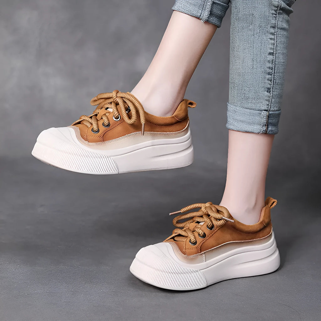 Women's cameo brown leather lace-up casual shoes with round toe and rubber sole