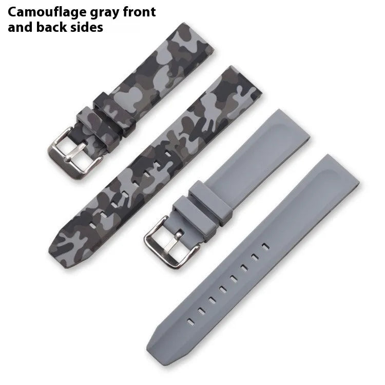 Camouflage pattern silicone watch strap showing flat head universal design with width measurement options