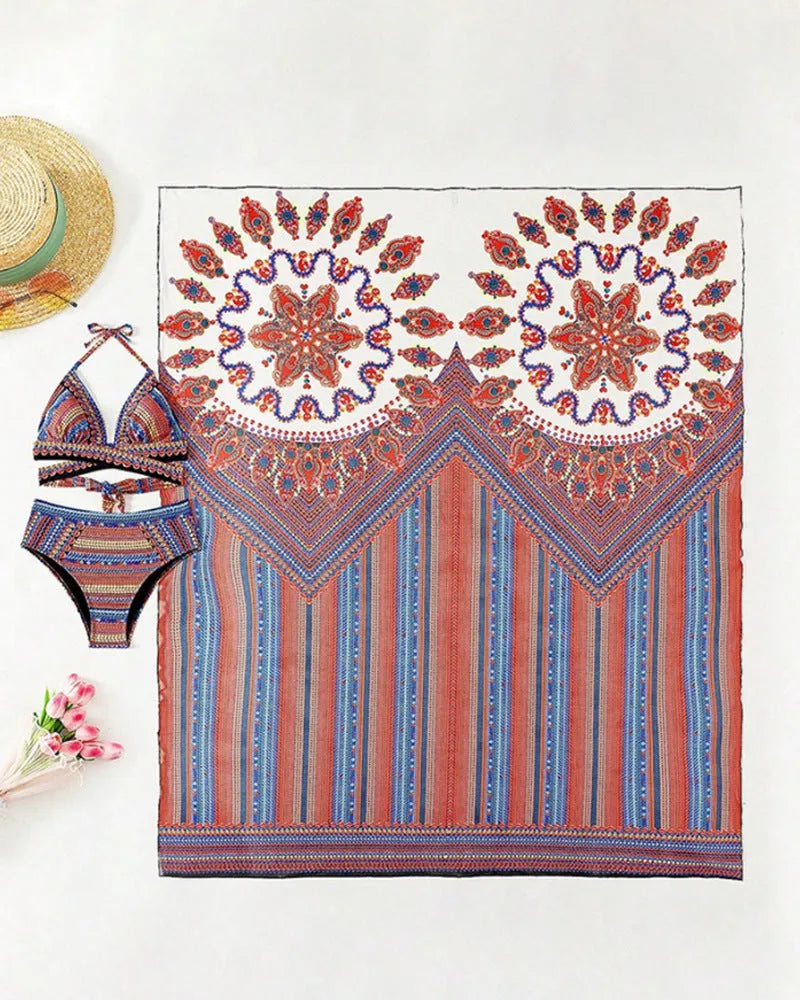 Women's three-piece swimsuit set with high-waisted briefs, cutout sleeveless top, and cover-up coat