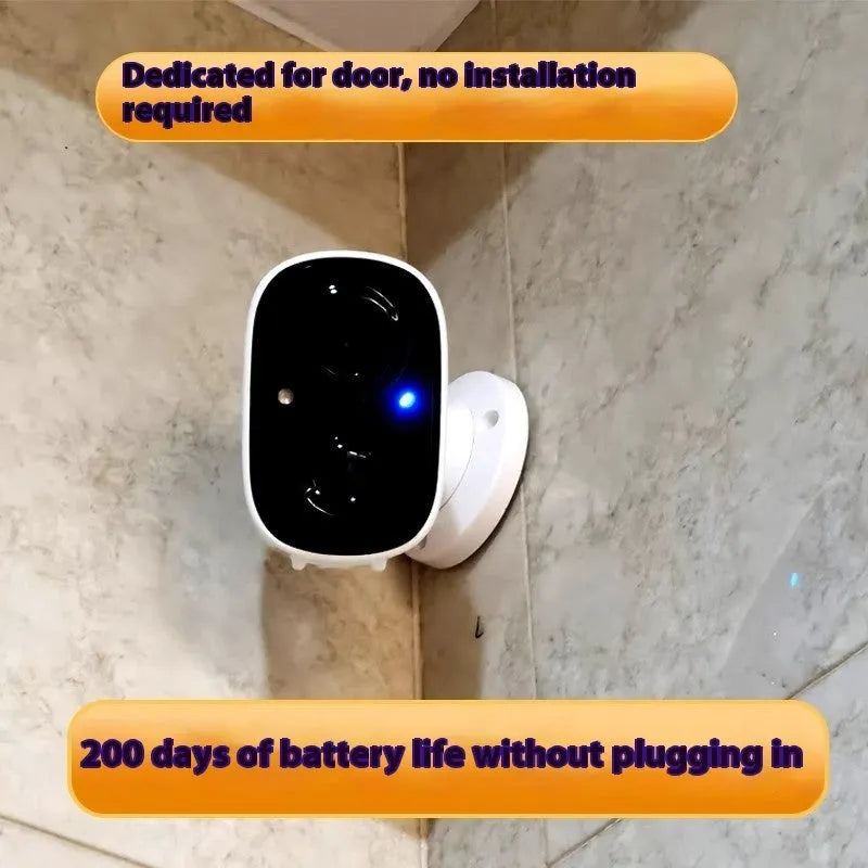 Wireless battery-powered indoor security camera with a 1.2-inch ball design on a mounting bracket.