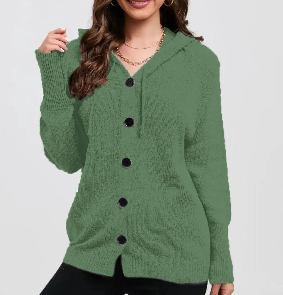 Women's solid colour hooded cardigan sweater in thick cotton fabric with loose fit