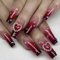 Wine red gradient fake nail tips with pearl heart and plaid pattern in ballet style