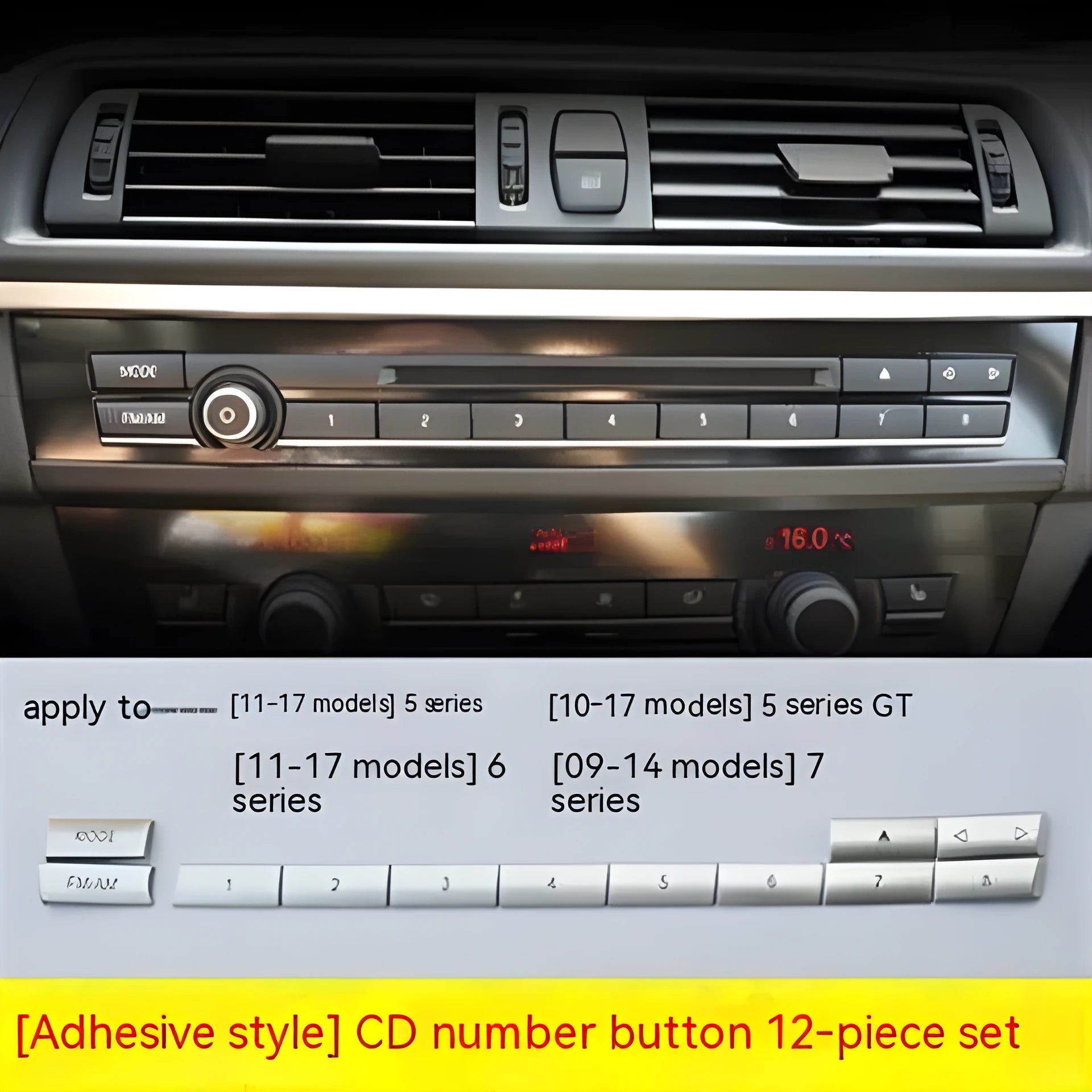Silver car dashboard air conditioner button panel replacement set for climate control.