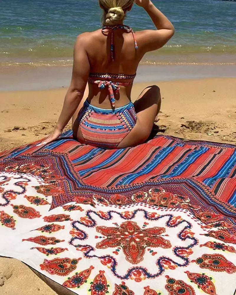 Women's three-piece swimsuit set with high-waisted briefs, cutout sleeveless top, and cover-up coat