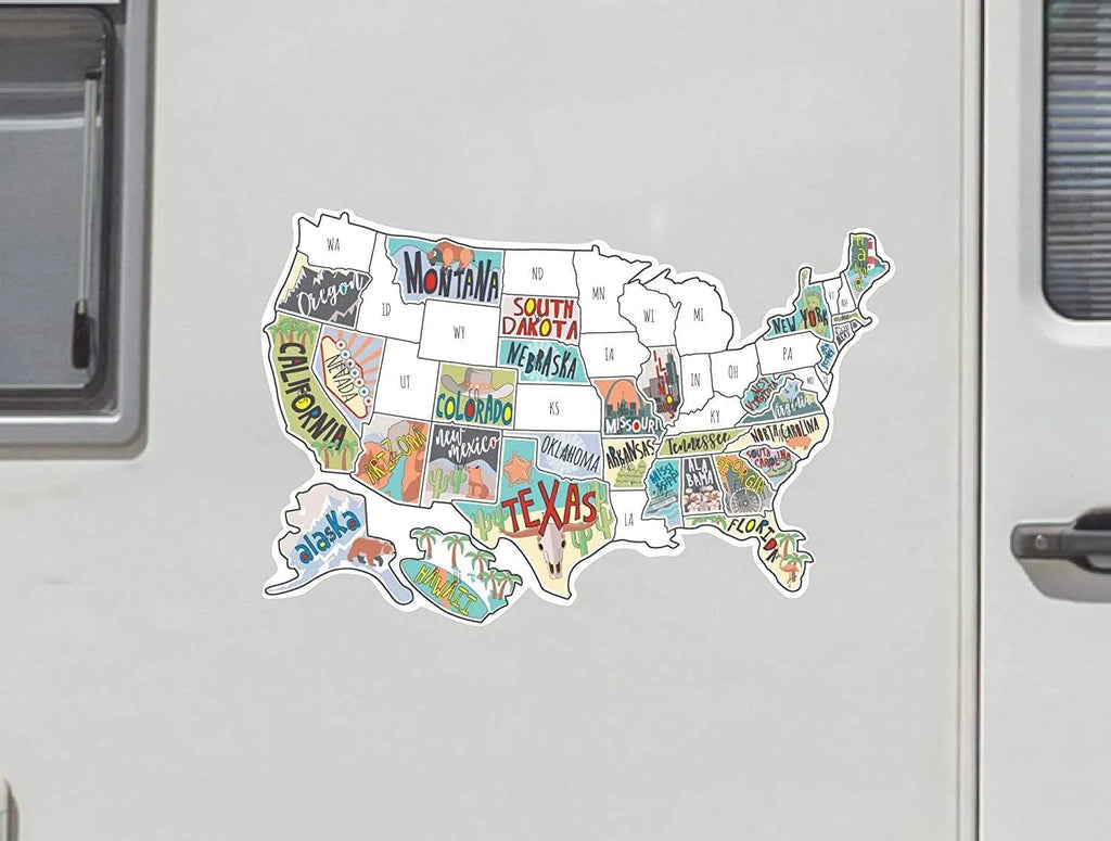 Travel-themed car sticker set with map lettering and white background on adhesive vinyl sheet.