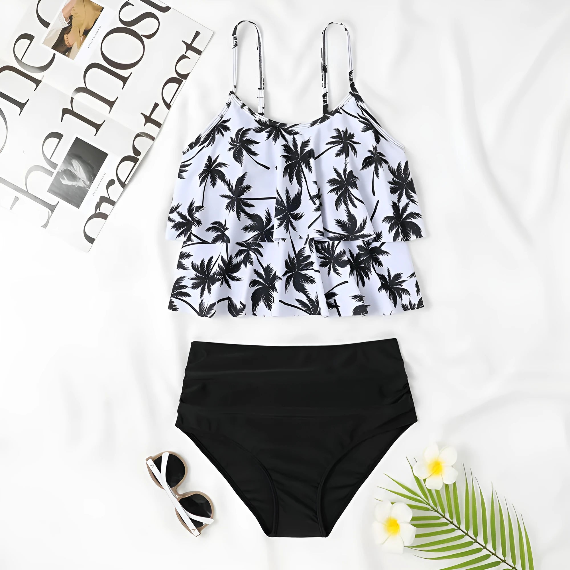 High waist double-layer swimsuit with coconut tree print pattern and sleeveless design