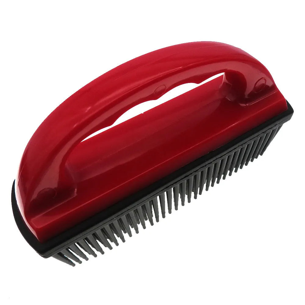 Red pet hair removal brush measuring 160mm by 85mm for grooming and carpet cleaning