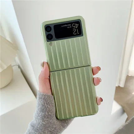 Samsung Z Flip3 flip phone case in PC material showing colour options: black, red, pink, silver, gold, sky blue, light green.
