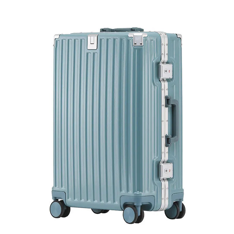 Hard-shell aluminium frame suitcase in avocado green with USB port and universal wheels.