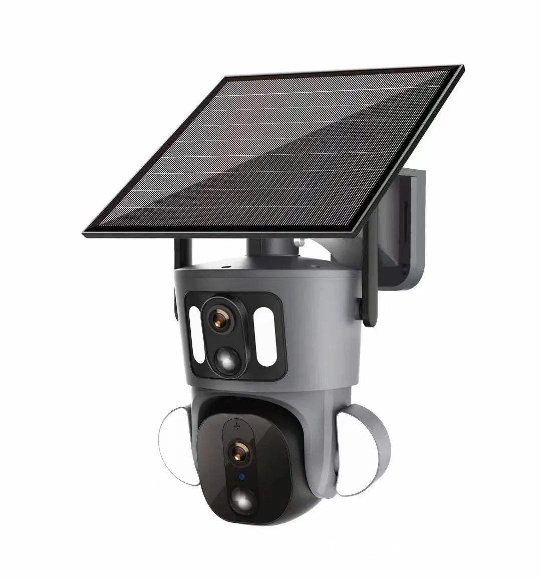 Solar-powered binocular outdoor surveillance camera with dual lenses and solar panel