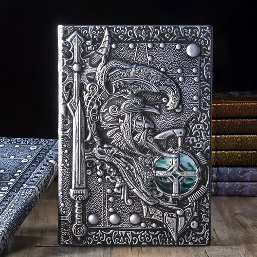 Handmade leather A5 notebook with 3D warriors relief embossed cover, open to show paper pages