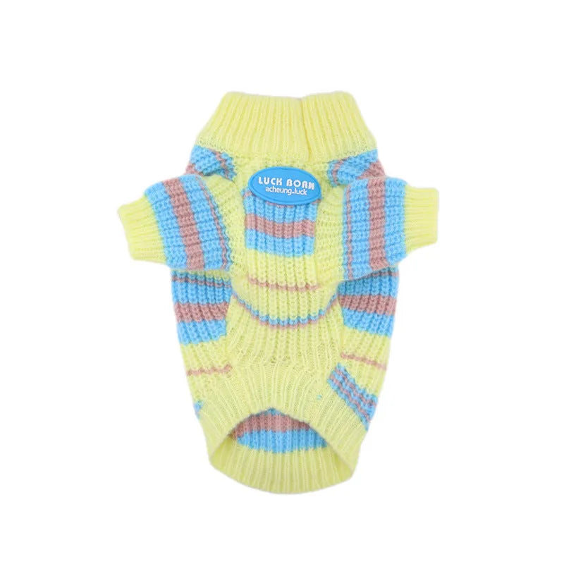 Blue and yellow striped wool dog sweater for small breeds like Maltese and Bichon in sizes XS to XXL