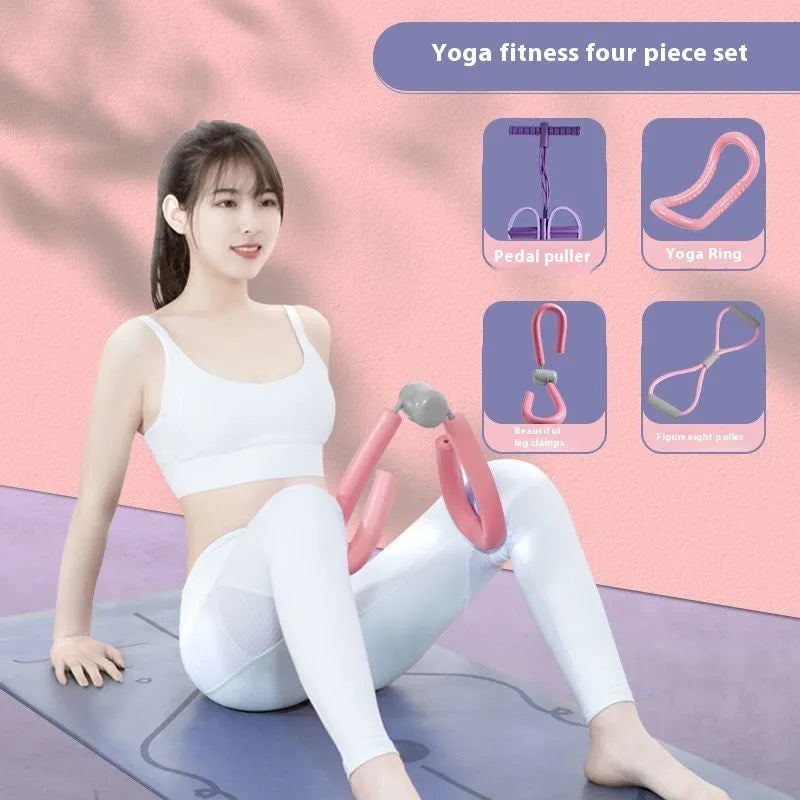 Yoga four piece set showing leg stretching device, foot pedaler, yoga ring, and figure eight tension rope.