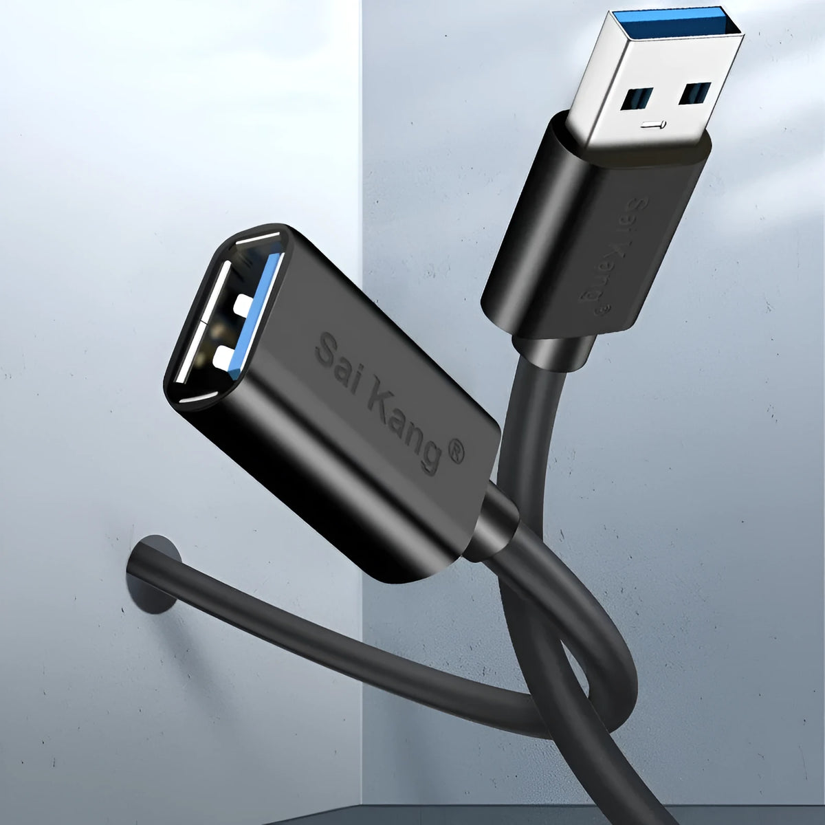 USB 3.0 and USB 2.0 male-to-female extension cable with black PVC sheathing showing connector details