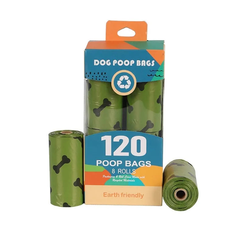 Military green degradable dog waste bags with black bone print measuring 23 by 33 centimetres