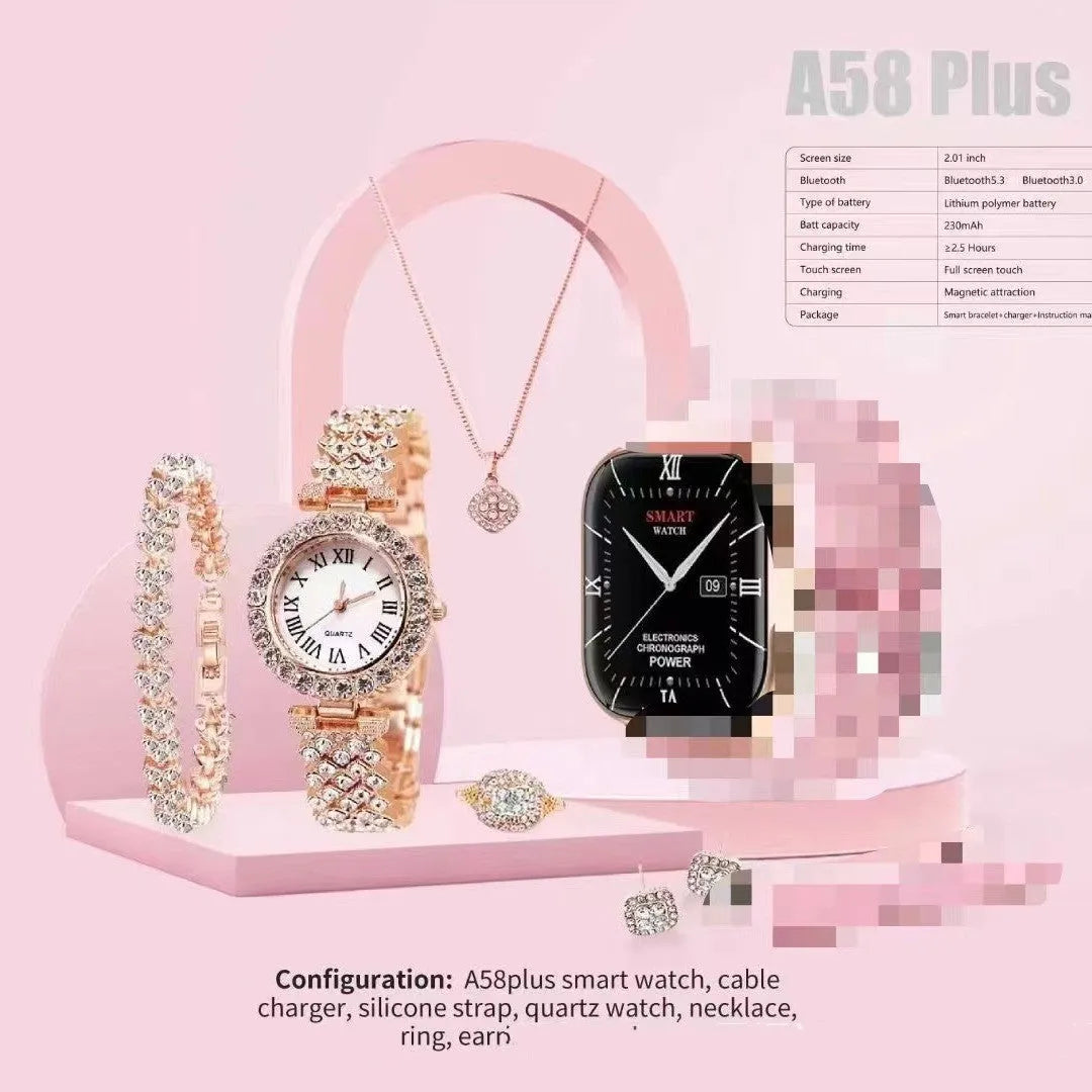 A58PLUS smart watch showing touch screen, on adjustable strap, with charger.