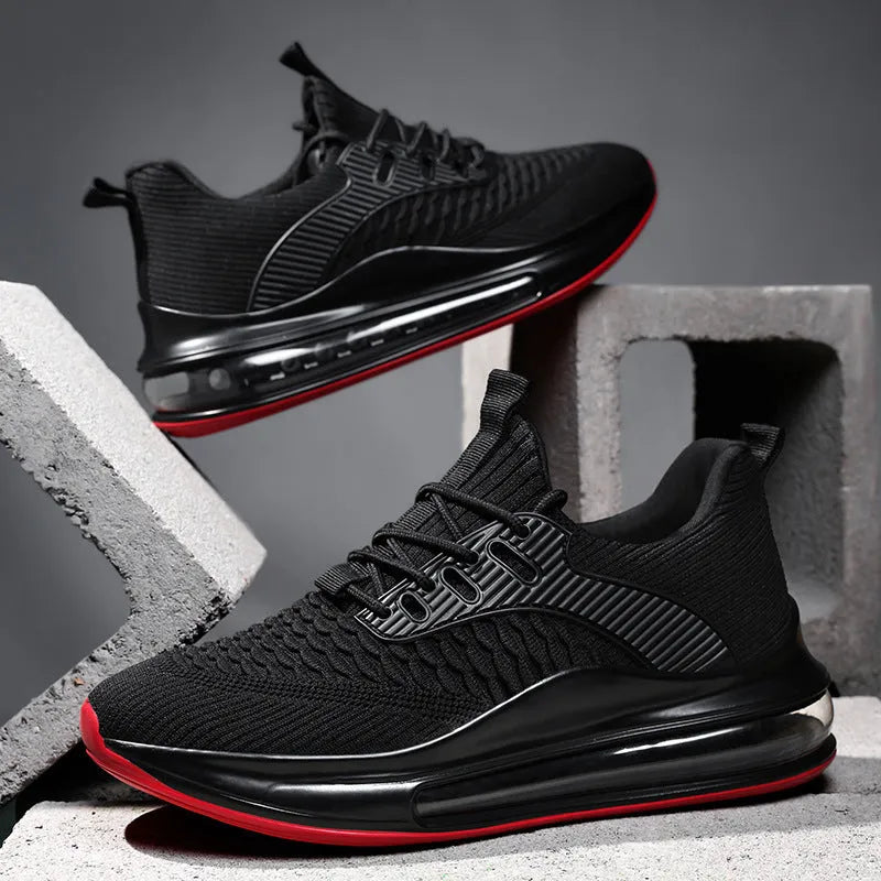 Men's black mesh running shoes with rubber sole and lace-up front