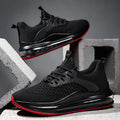 Men's black mesh running shoes with rubber sole and lace-up front