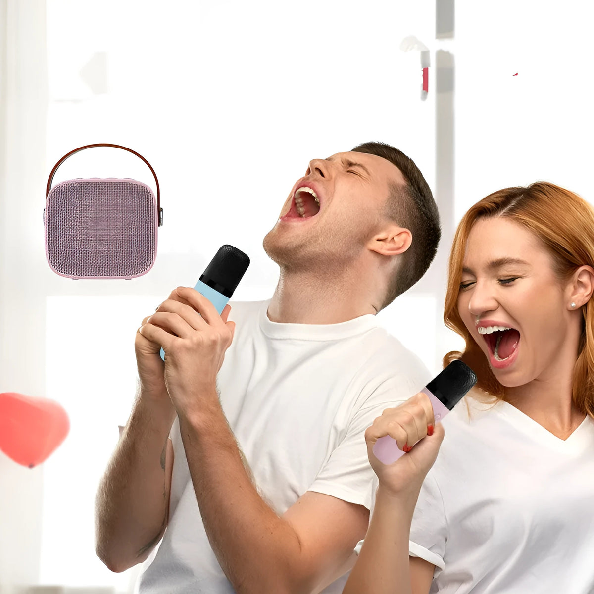 Compact portable Bluetooth speaker with microphone in white, pink, or blue plastic casing