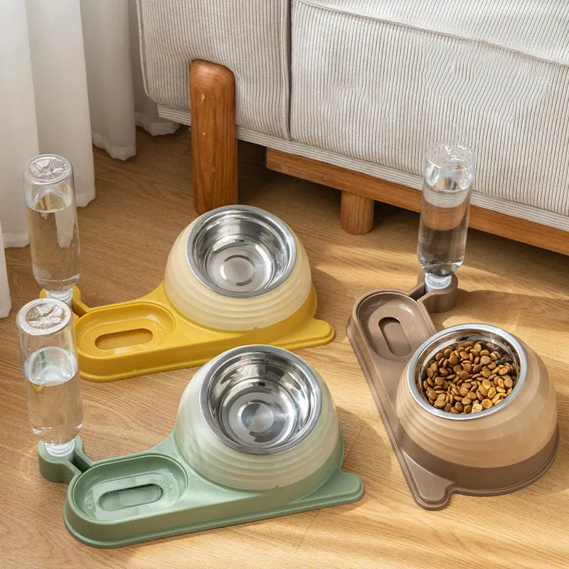 Raised cat food bowl with automatic water dispenser in brown colour
