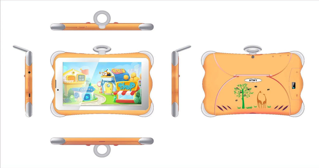 Cartoon-coloured 7-inch children's learning tablet with a protective stand on a table.